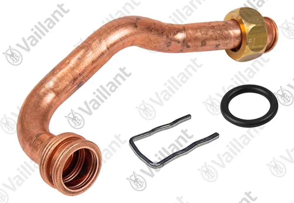 Kupferrohr mit gebogenem Verlauf, versehen mit einer Mutter, Dichtungsring und einer Sicherungswelle. Produkt von Vaillant, geeignet für spezifische Heizungsanwendungen.